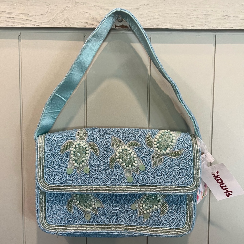 Blue Beaded Turtle Design Women's Bag